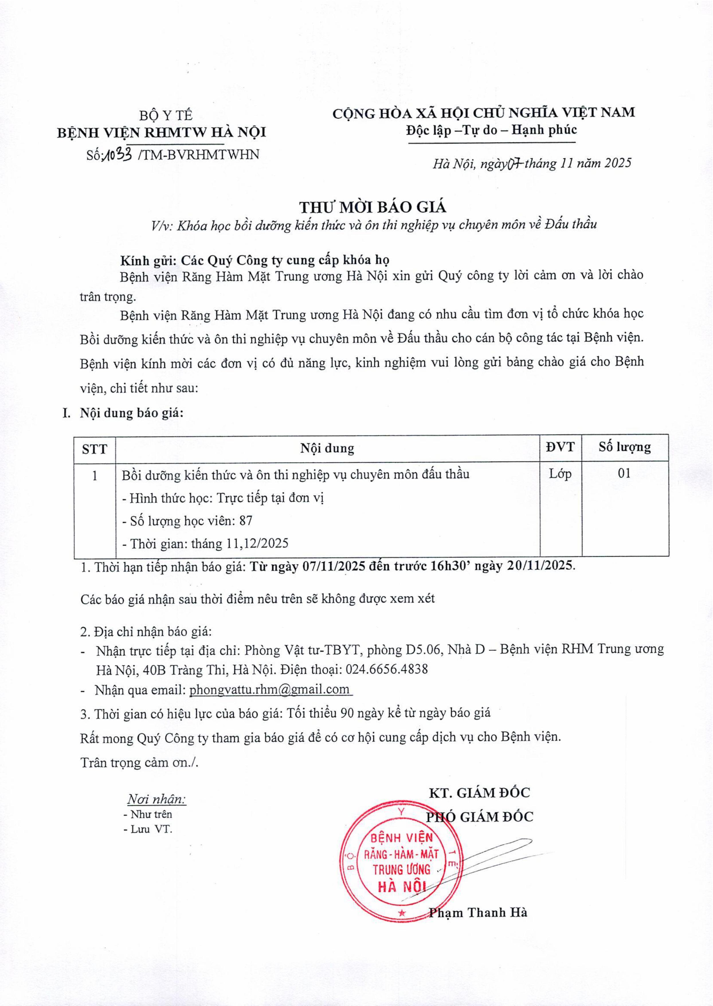 THƯ MỜI BÁO GIÁ: KHÓA HỌC BỒI DƯỠNG KIẾN THỨC VÀ ÔN THI NGHIỆP VỤ CHUYÊN MÔN VỀ ĐẤU THẦU